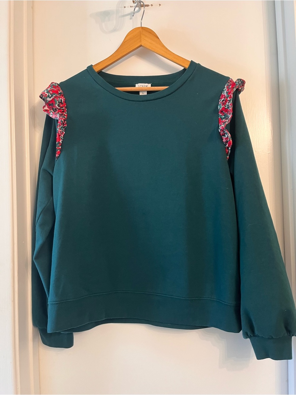 J. Crew Green Sweatshirt with Holiday Floral Ruffle Shoulders